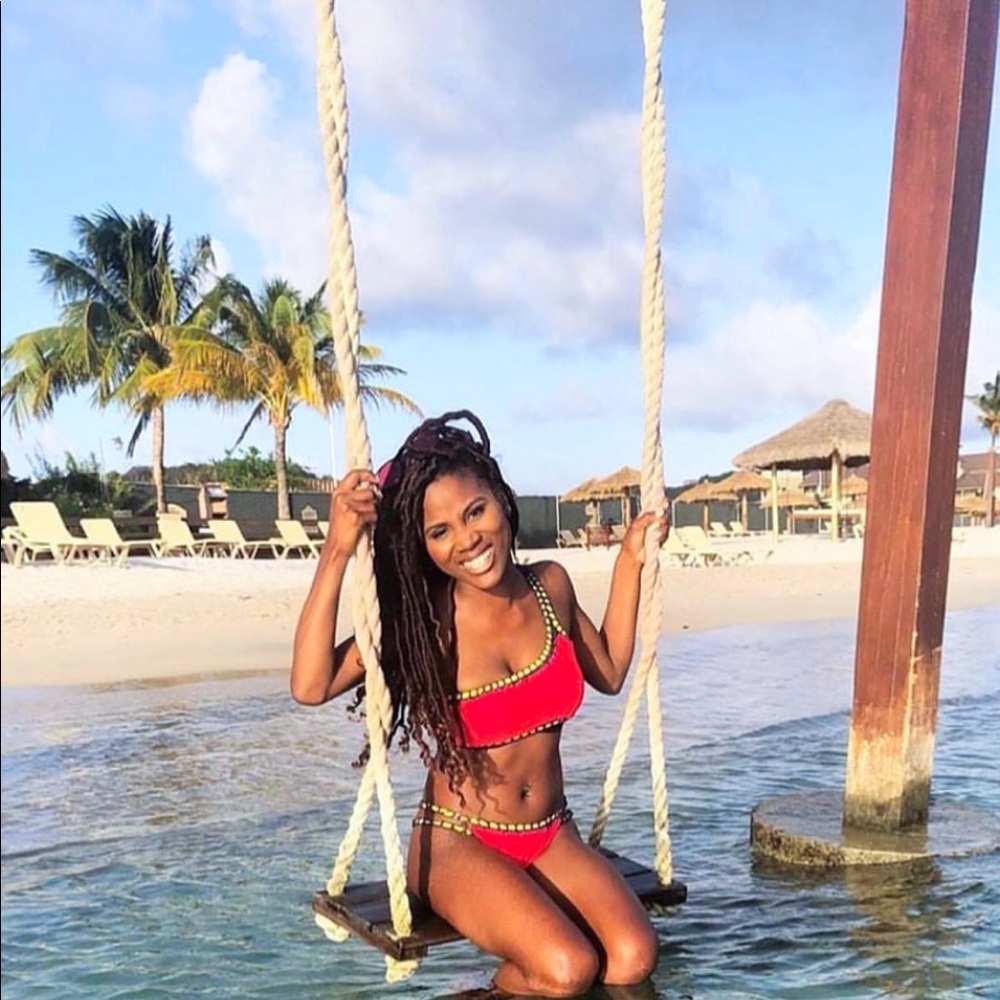 Red One Shoulder Crochet Trim Bikini